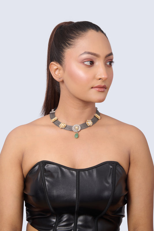 Silver and Gold Tone Choker with Emerald Drop and Pearl Accented Rosettes