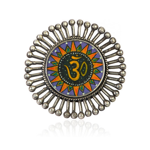 Oxidized Silver Adjustable Ring with Om Symbol and Colorful Enamel