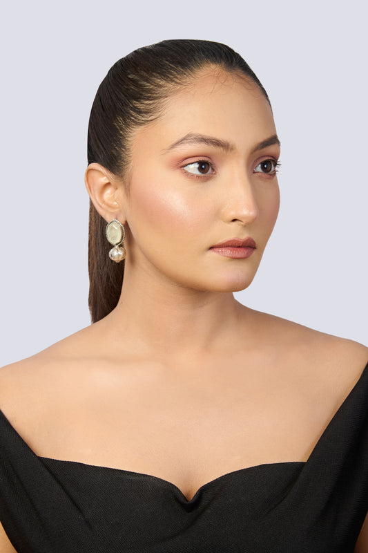 Oxidized Silver Stud Earrings with Oval Moonstone and Textured Silver Base