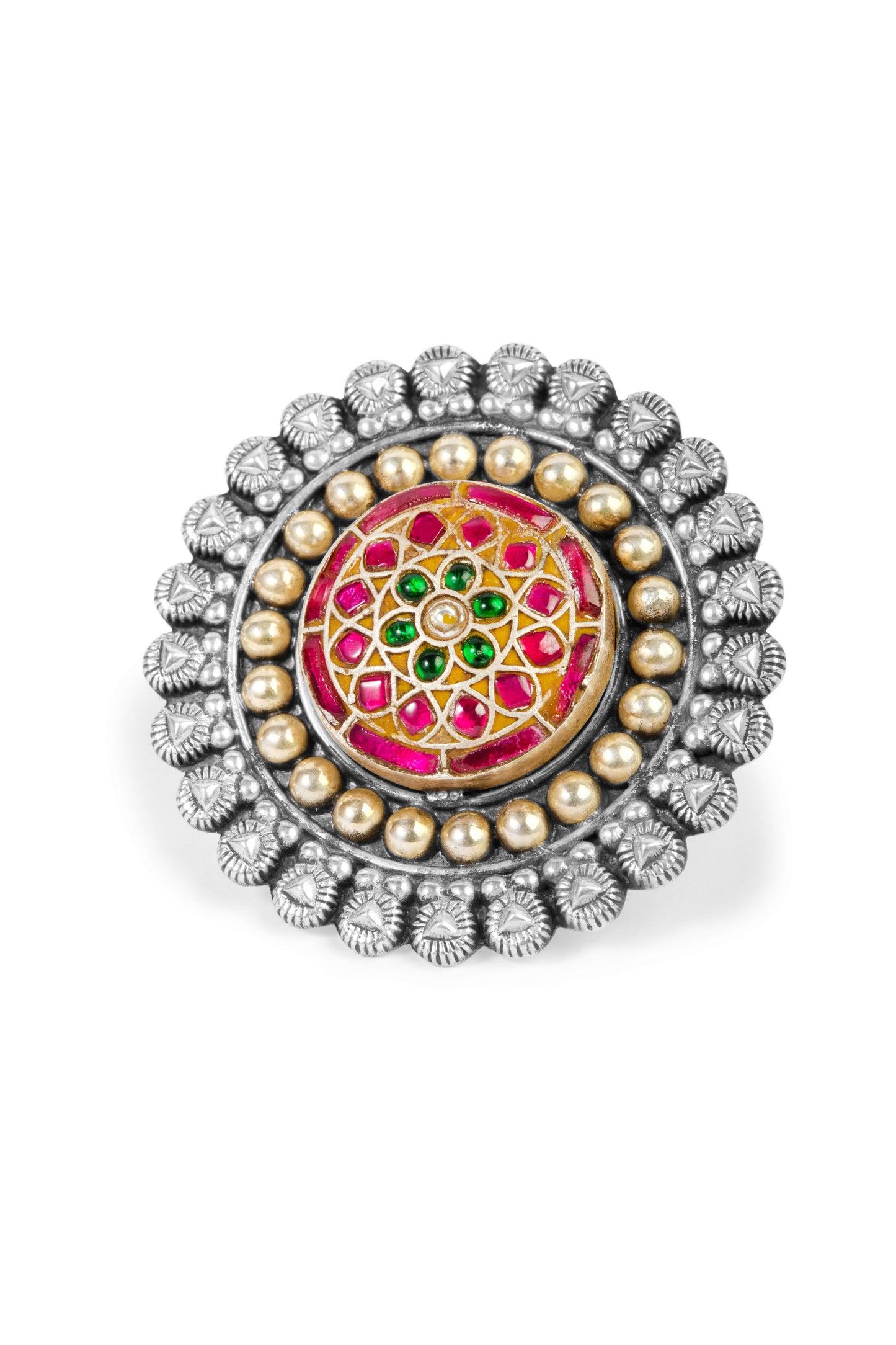 Adjustable Oxidized Silver Ring with Gold Beading and Colorful Centerpiece