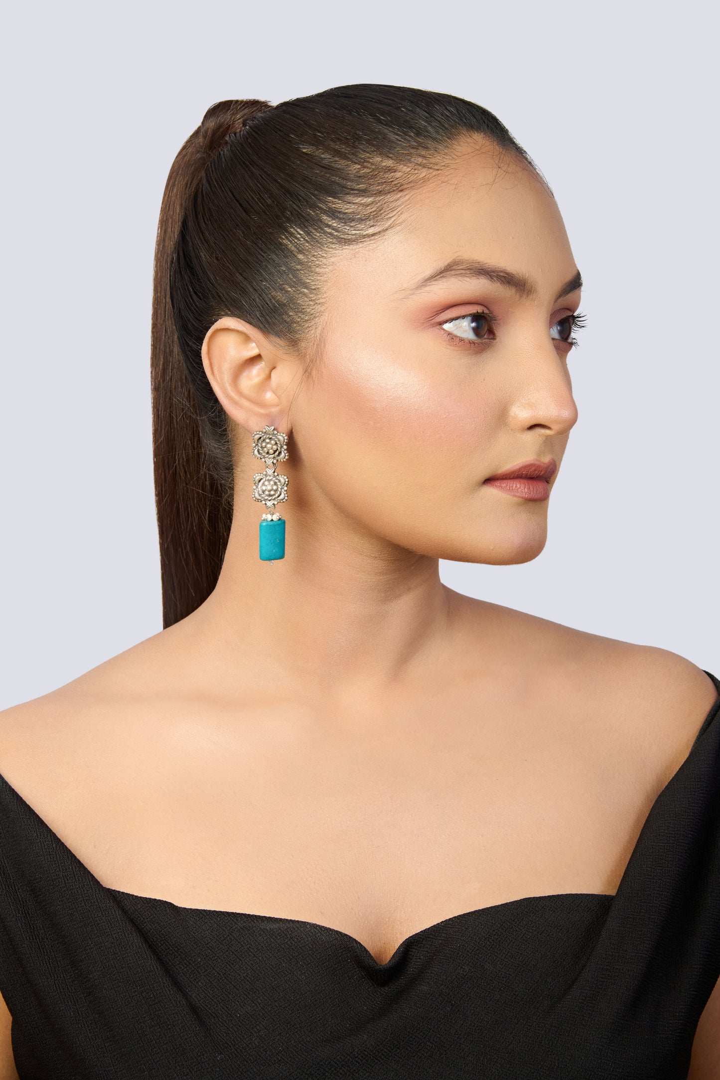 Oxidized Silver Dangle Earrings with Turquoise Bird Beads and Floral Tops