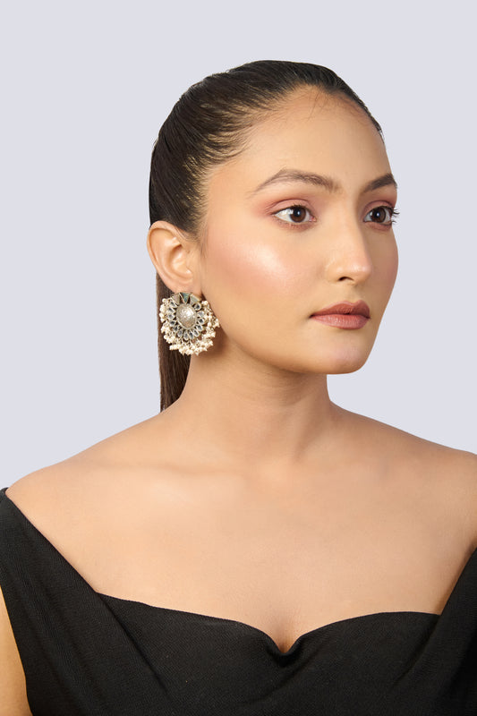 Oxidized Silver Stud Earrings with Floral Center, Black Onyx, and Pearl Fringe