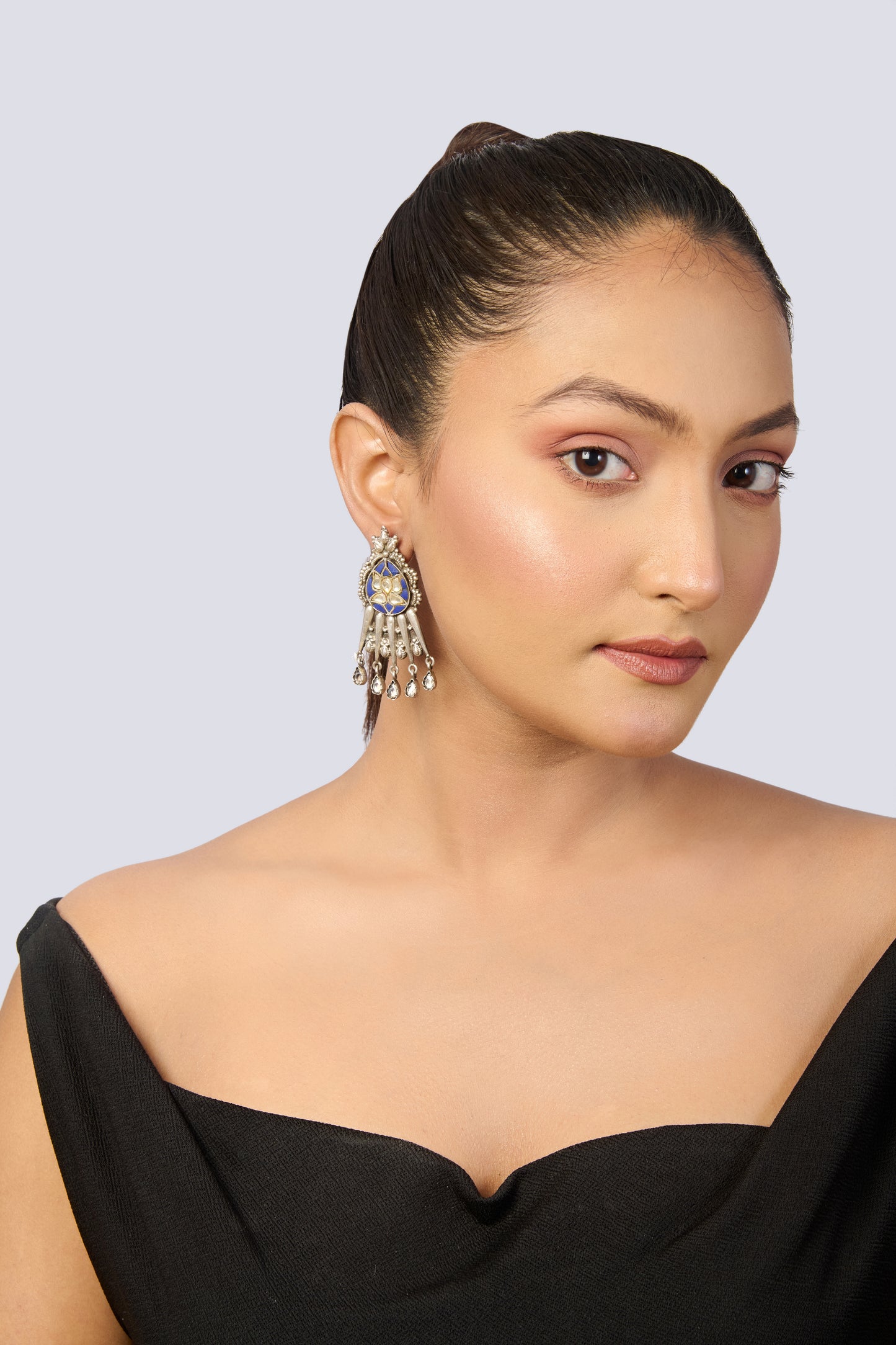 Oxidized Silver Dangle Earrings with Blue Enamel, Champagne Gems, and Smoky Quartz Drops