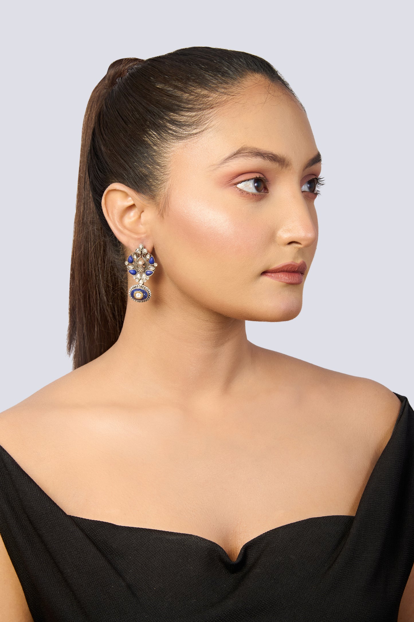 Oxidized Silver Dangle Earrings with Blue Enamel, Polki Diamonds, and Champagne Gem Drop