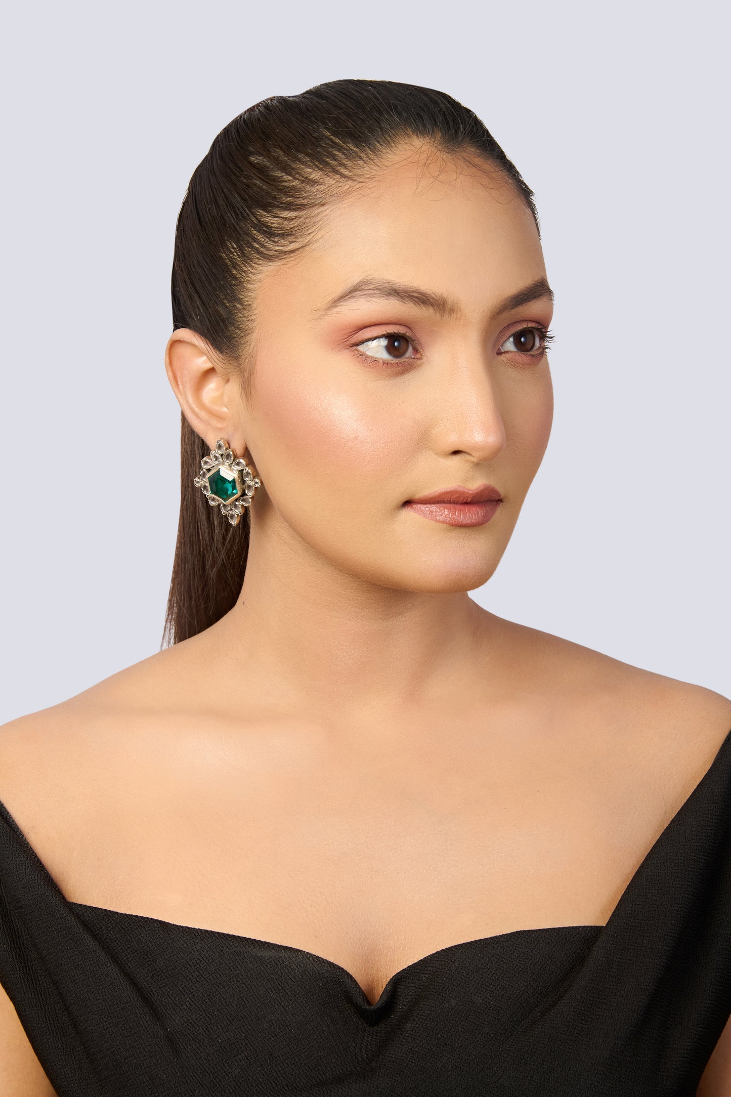 Oxidized Silver Stud Earrings with Hexagonal Emerald and Black Onyx Halo