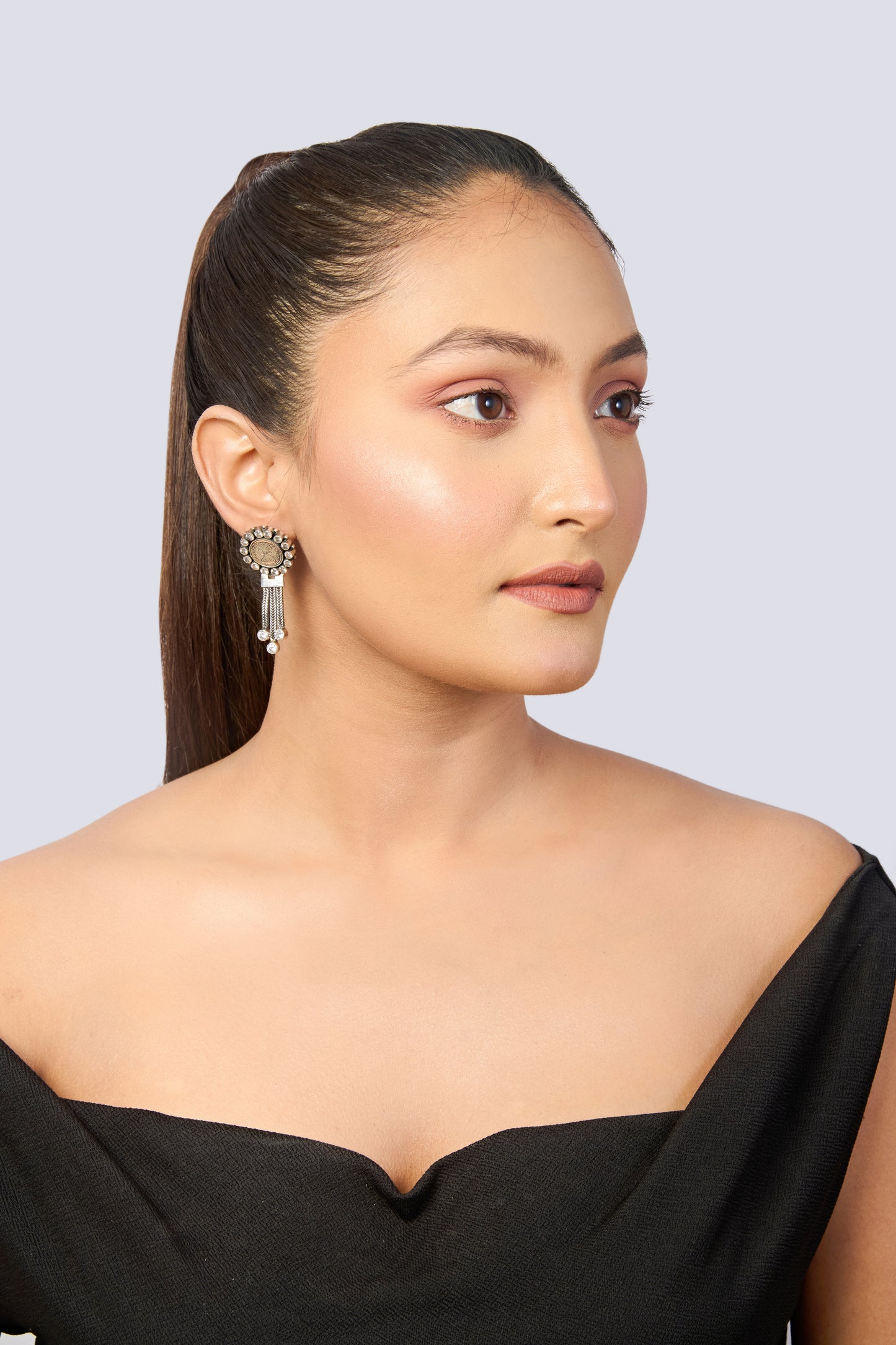 Oxidized Silver Coin Design Dangle Earrings with Sparkling Stones and Chain Drops
