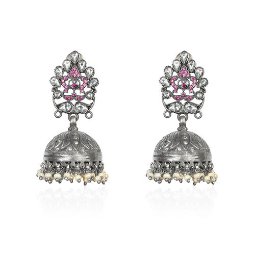 Oxidized Silver Jhumka Earrings with Pink & White Stones