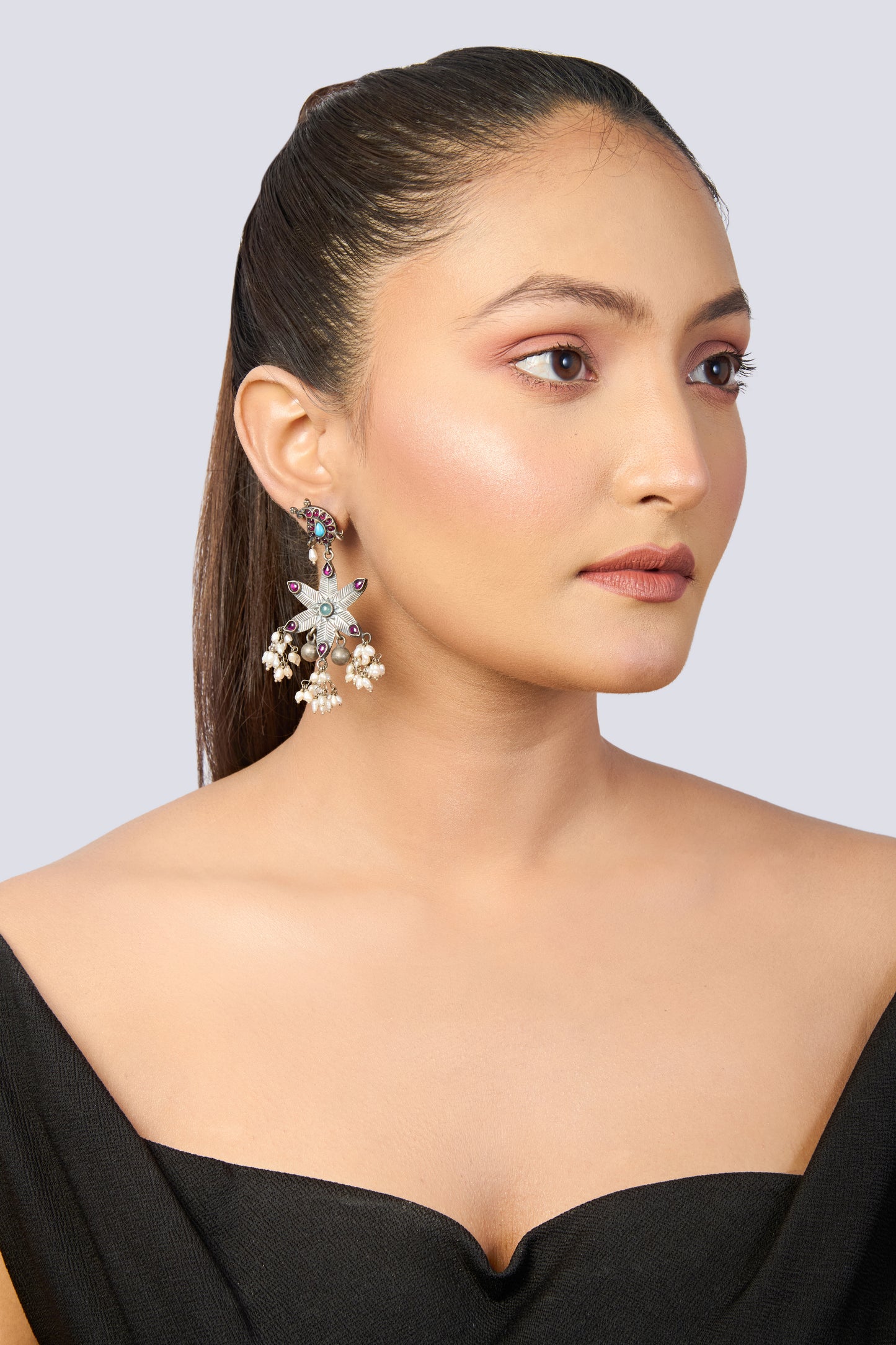 Oxidized Silver Dangle Earrings with Paisley Top, Starburst with Green Gem and Rubies, Pearls