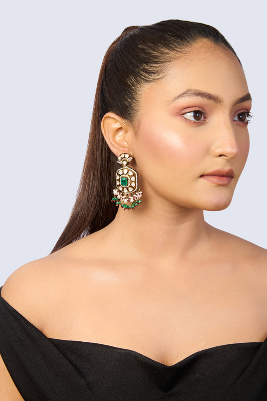 Oxidized Silver Polki Earrings with Central Emerald and Dangling Pearl, Green, and Red Beads