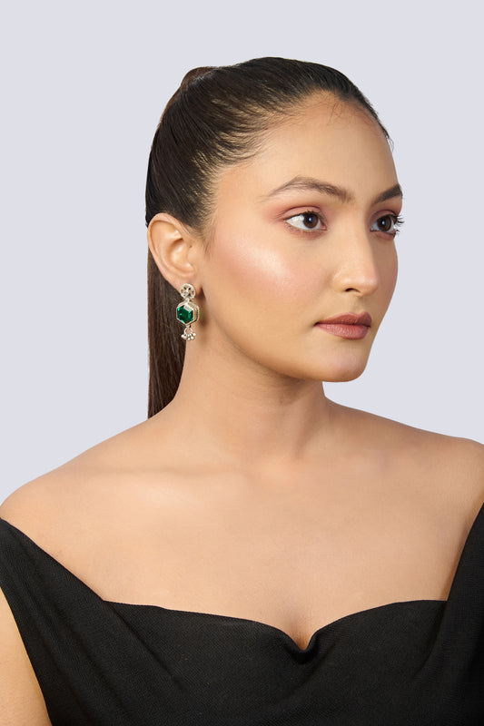 Oxidized Silver Dangle Earrings with Hexagonal Emerald and Dangling Silver Charms