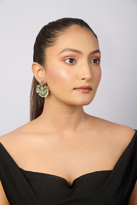 Traditional Indian Oxidized Silver Chandbali Earrings with Green Mosaic and Pearl Details