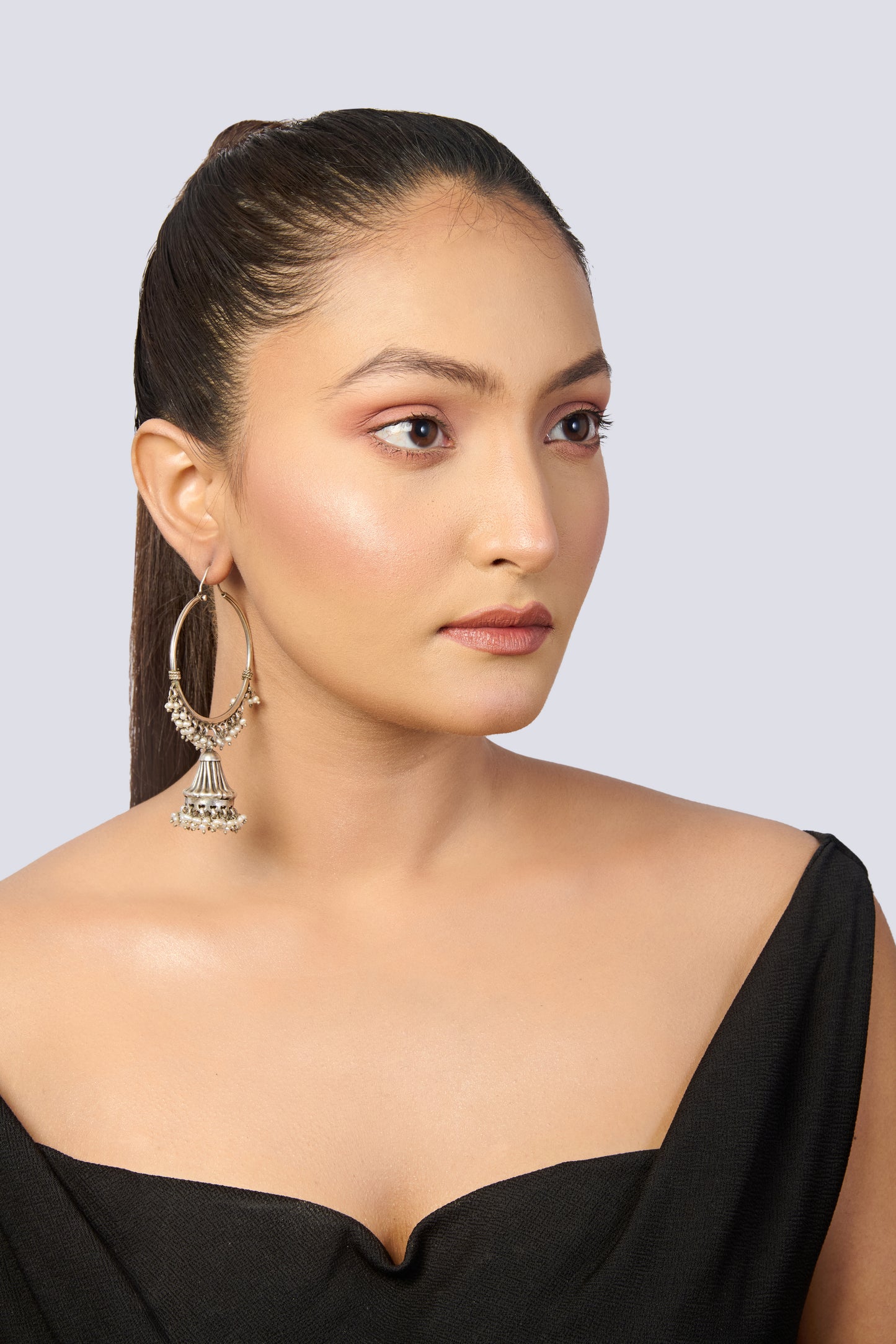 Oxidized Silver Hoop Earrings with Jhumka and Pearl Dangles