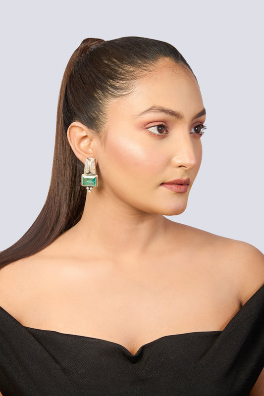 Oxidized Silver Stud Earrings with Rectangular Mint Green Gem and Ornate Silverwork