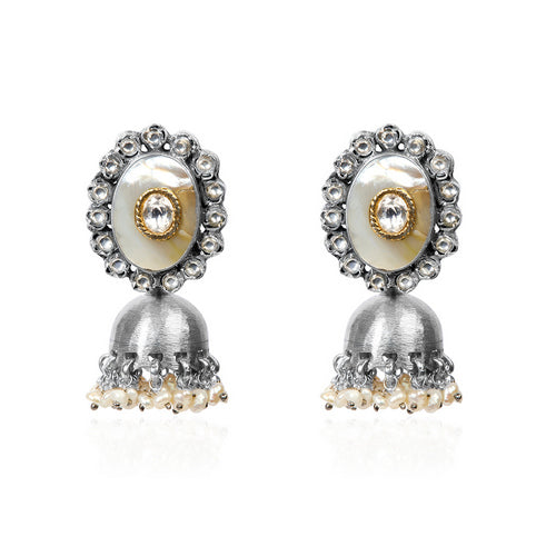 Oxidized Silver Polki Jhumka Earrings with Mother-of-Pearl Center and Pearl Drops