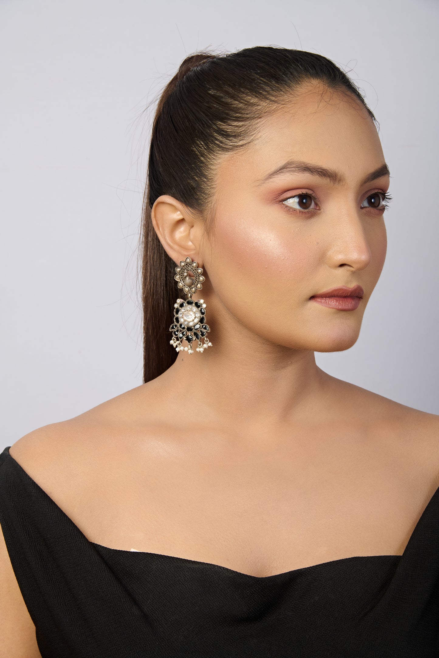 Women's Ethnic Silver Earrings with Peacock Motif, White Gems, Black Stones, and Dangling Pearls