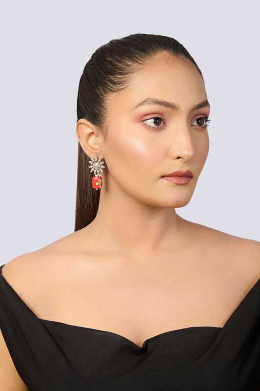 Women's Ethnic Silver Earrings with Vibrant Red Accent, Gold Detail, and Floral Silverwork