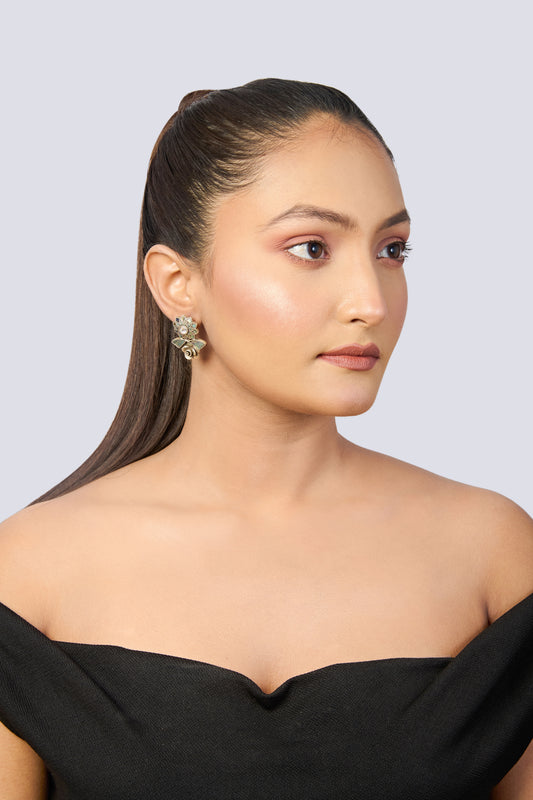 Traditional Indian Silver Stud Earrings with Mother-of-Pearl Petals and Pearl Detail