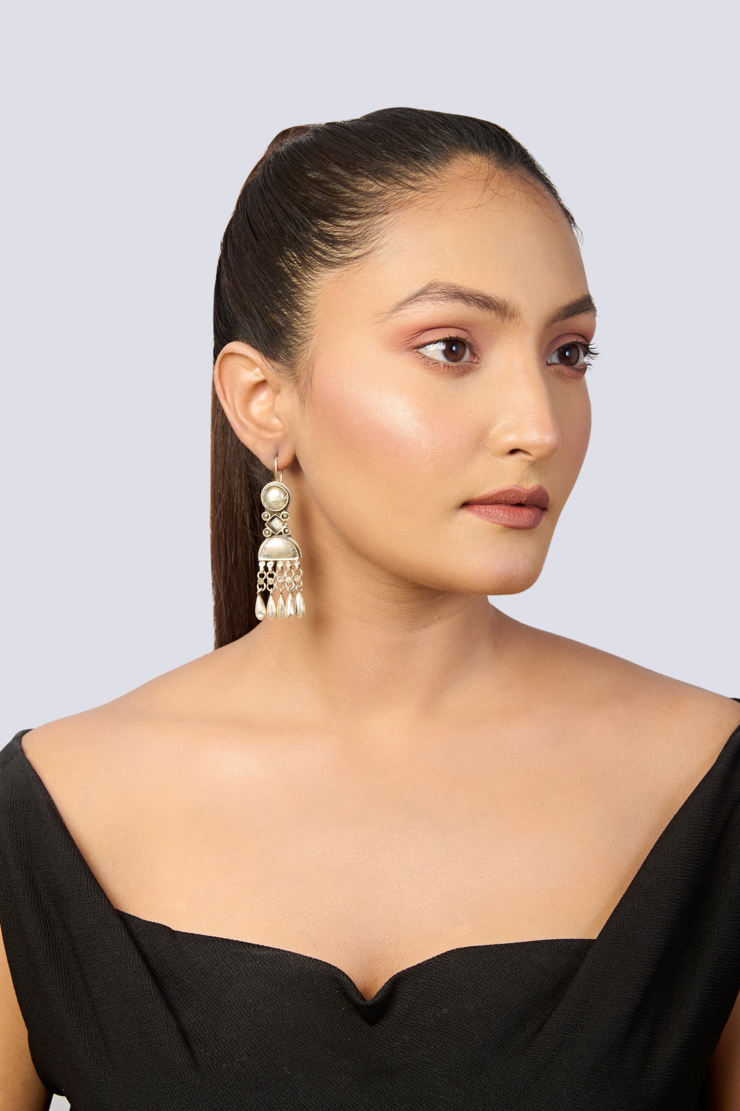Oxidized Silver Tribal Dangle Earrings with Geometric Layers and Teardrop Drops
