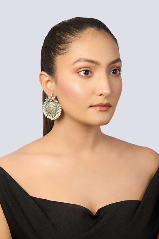 Oxidized Silver Floral Stud Earrings with Turquoise and Pearl Border