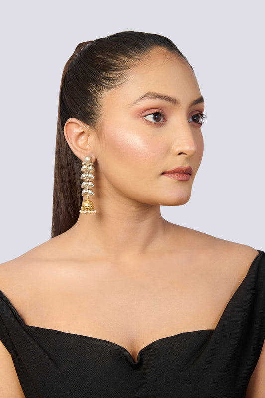 Oxidized Silver Leaf Jhumka Earrings with Gold Bell and Pearl Drops
