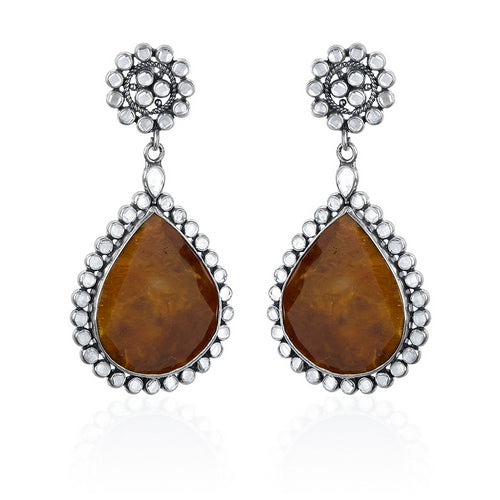 Oxidized Silver Amber Teardrop Earrings