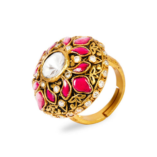 Gold-Toned Adjustable Ring with Central White CZ, Pink Ruby Accents, and Clear CZ Details