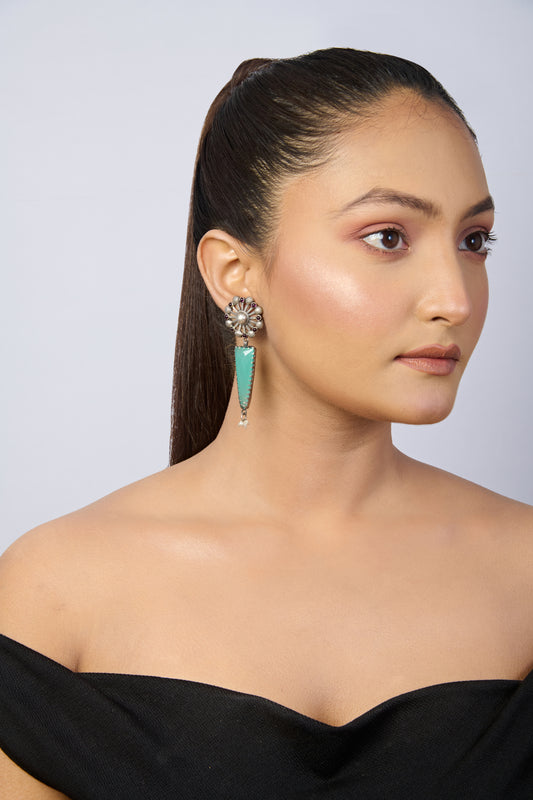 Modern Oxidized Silver Earrings with Dark Gem Studs and Long Faceted Dangle with Pearl