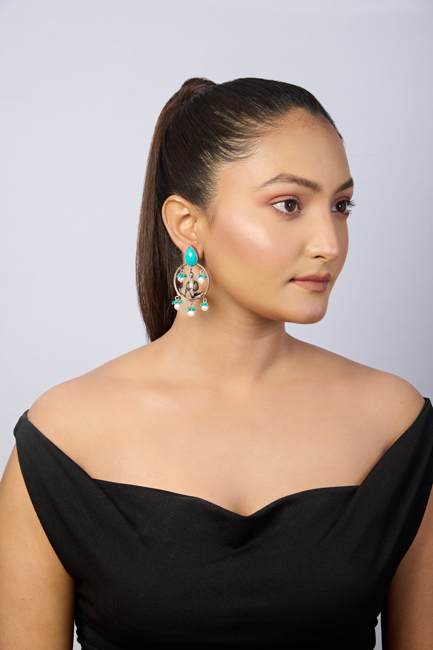 Oxidized Silver Peacock & Lotus Chandbali Earrings with Turquoise & Pearl Drops