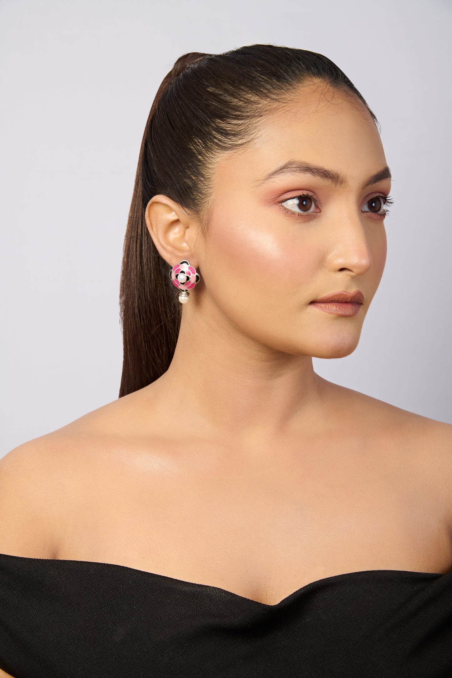 Pink and Black Enamel Floral Pearl Drop Earrings