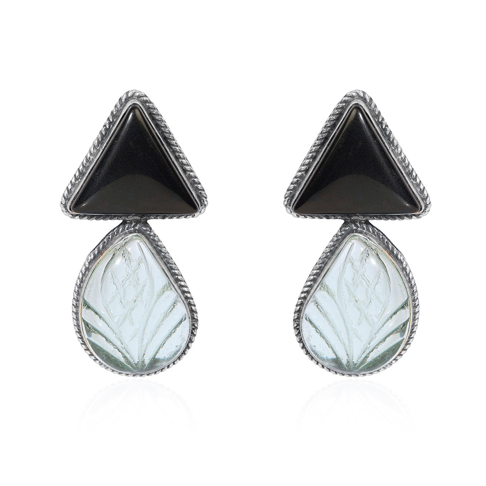 Oxidized Silver Dangle Earrings with Triangular Black Onyx and Carved Clear Quartz Drop