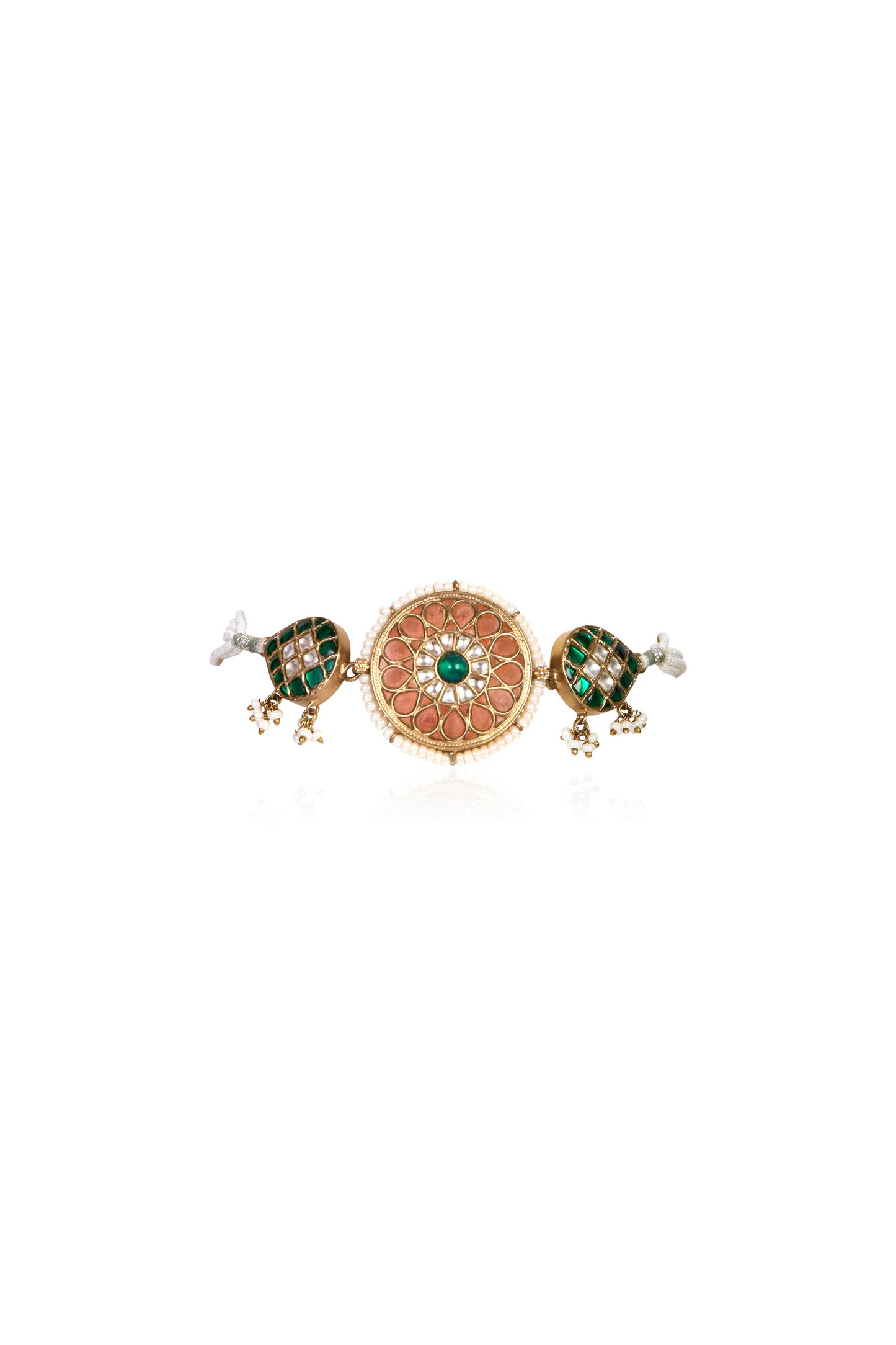 Gold Tone Choker with Emerald Pink Gem Pearl and White Stone Details