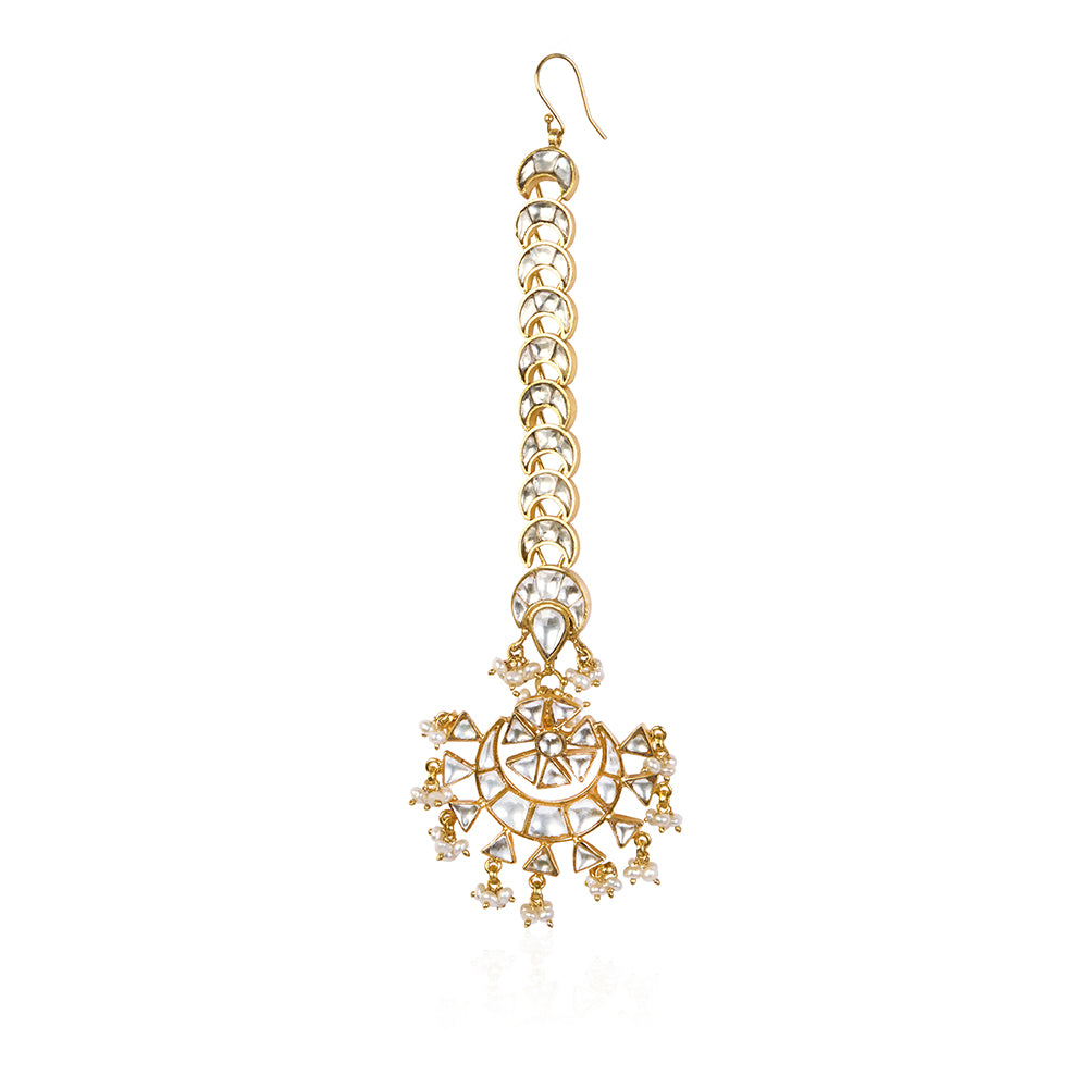 Gold Plated Half-Moon Maang Tikka with White Stones and Pearl Tassels