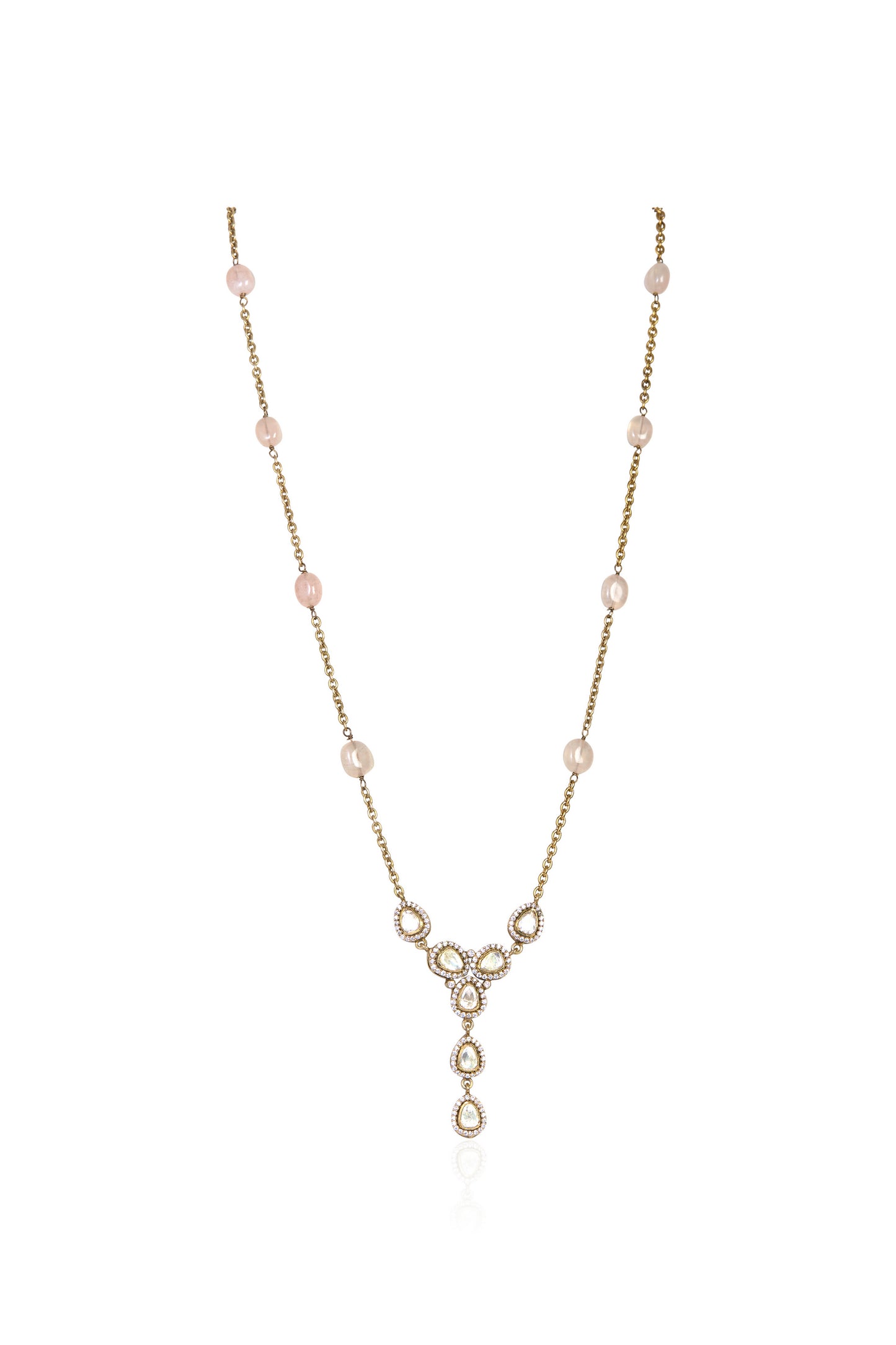Gold Tone Necklace with Pink Pearls and Pear-Shaped White CZ Accents