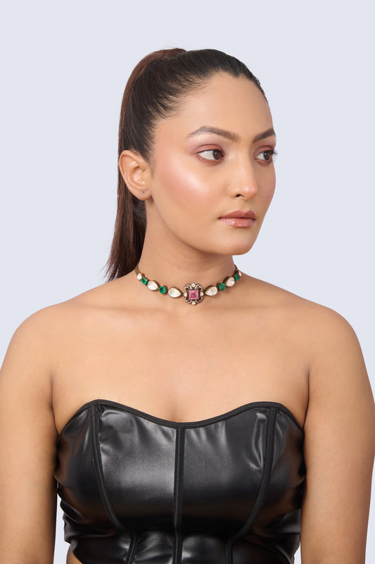 Ornate Choker Necklace with Square Pink Spinel, Green Peridot, and White Opal Details