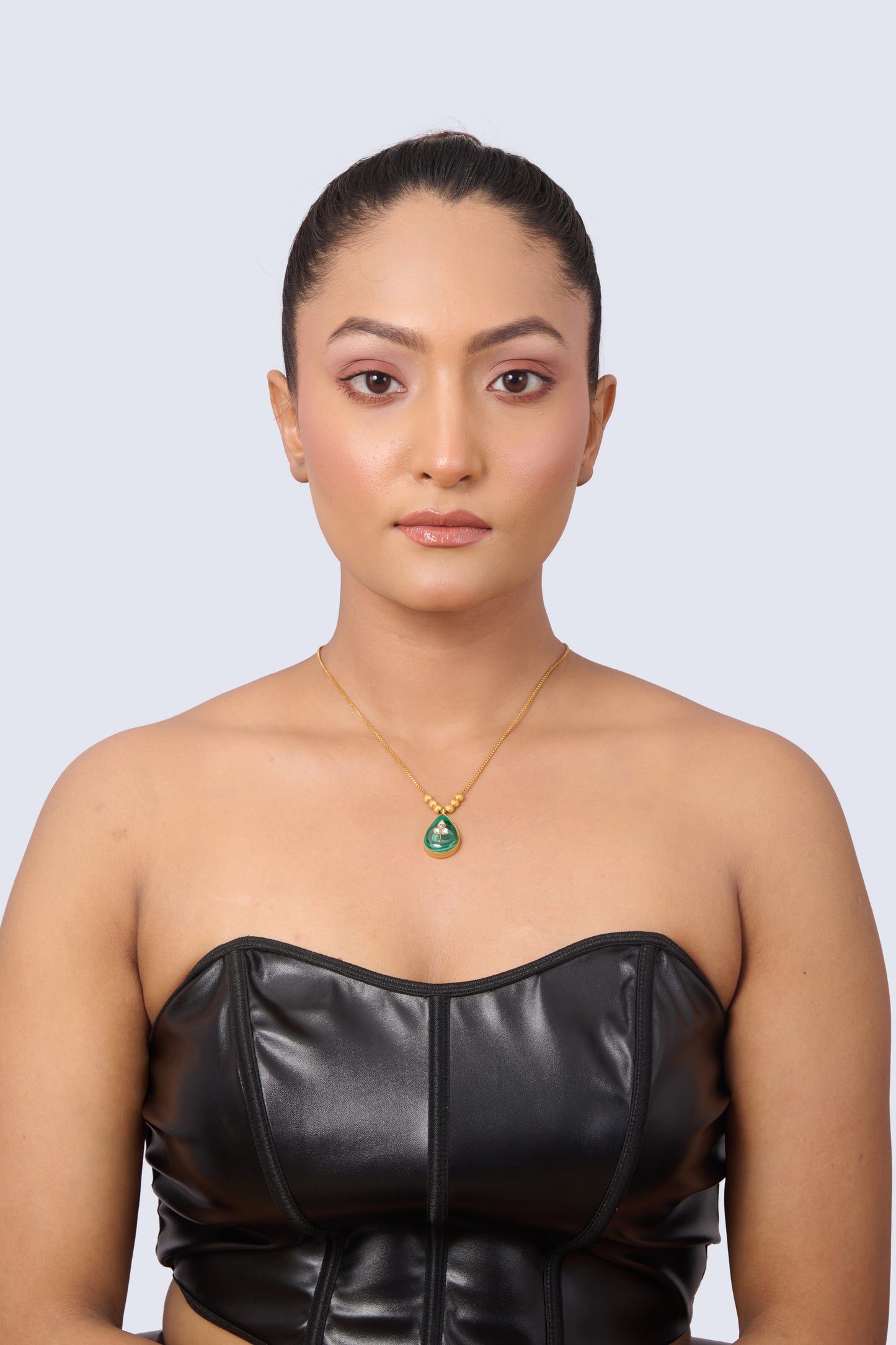 Emerald Green Malachite Pendant Necklace with White Sparkle (Gold Tone)