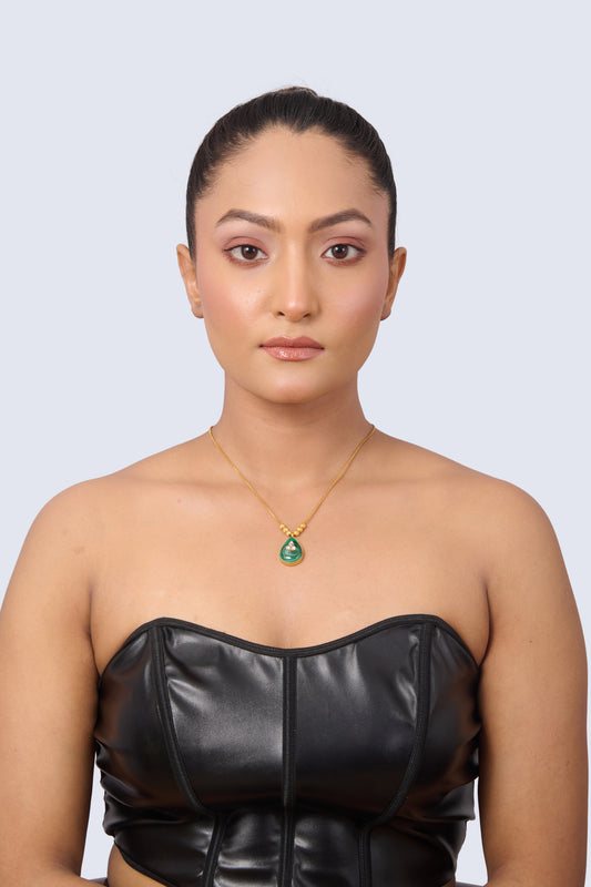 Emerald Green Malachite Pendant Necklace with White Sparkle (Gold Tone)