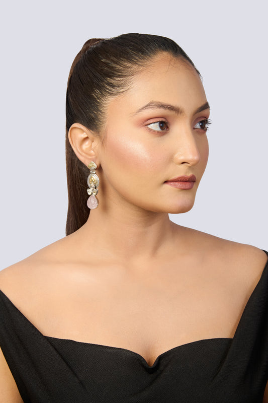 Oxidized Silver & Gold Tone Dangle Earrings with Polki & Carved Pink Stone Drop