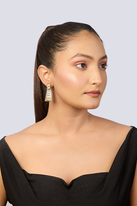 Oxidized Silver & Gold Tone Trapezoid Dangle Earrings with Stone and Floral Motif