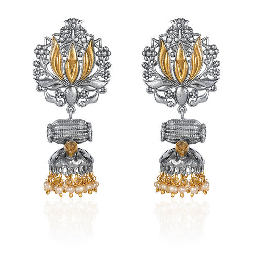 Traditional Oxidized Silver Lotus & Drum Jhumkas with Golden Accents and Pearl Dangles