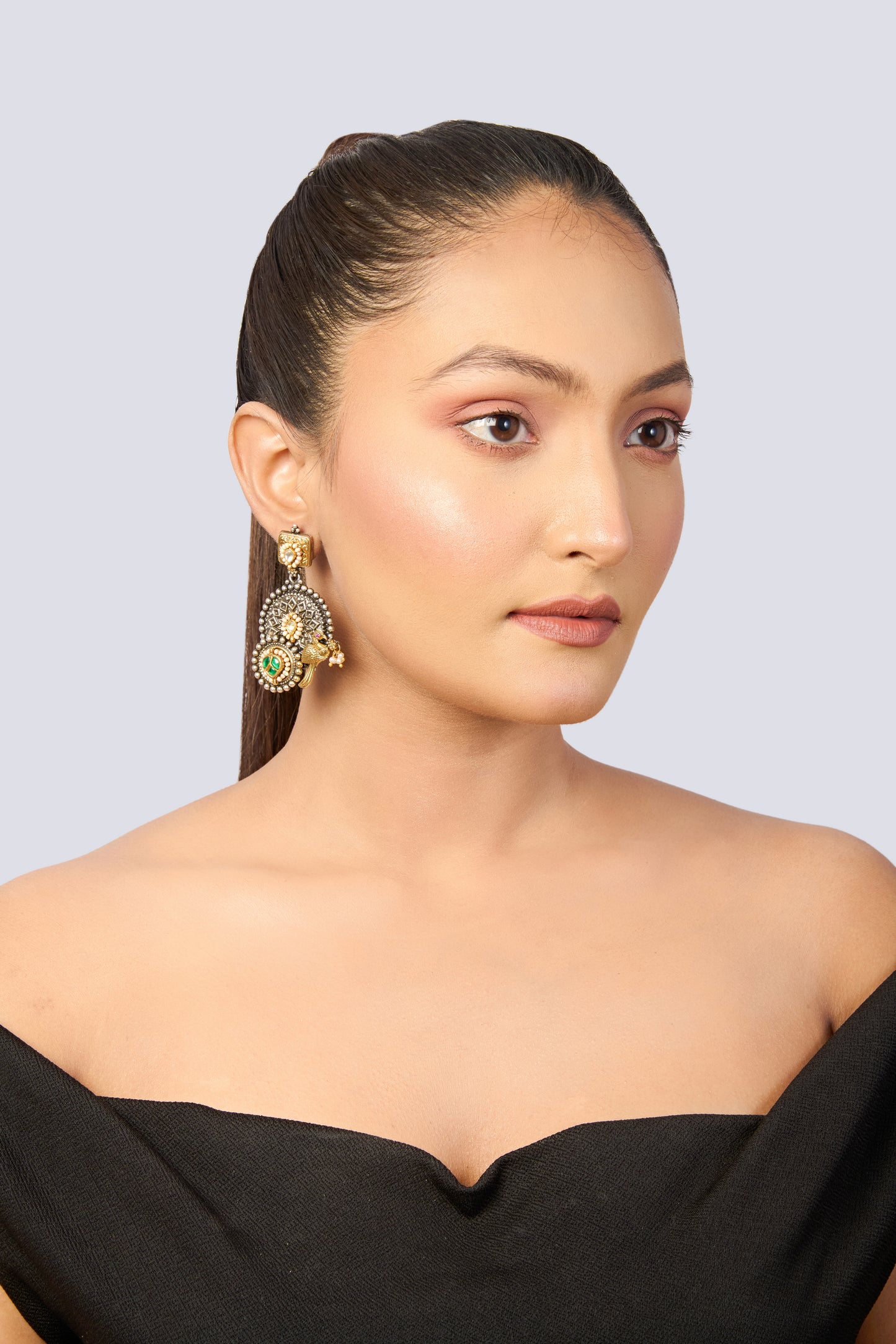 Oxidized Silver & Gold Tone Parrot Dangle Earrings with Green Stone and Pearl Drops