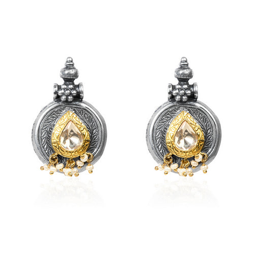 Oxidized Silver Stud Earrings with Pear Citrine, Gold Accents, and Pearl Drops