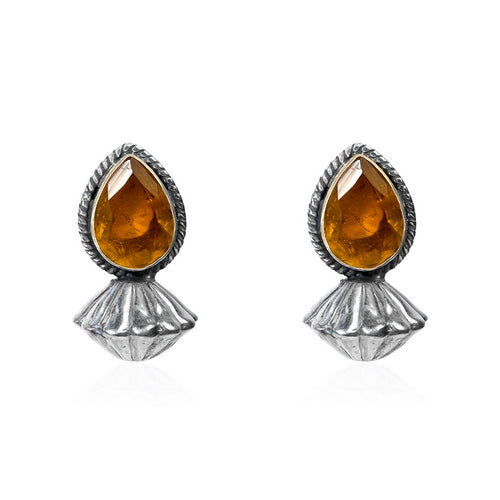 Women's Ethnic Silver Earrings with Pear Tiger's Eye and Textured Setting