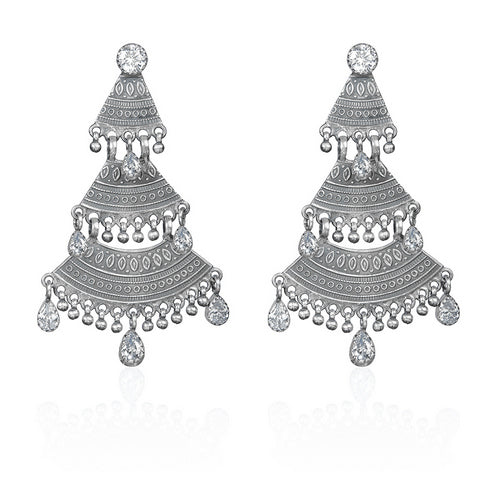 Oxidized Silver Multi-Tiered Dangle Earrings with White Stones