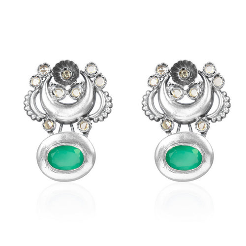 Women's Ethnic Silver Earrings with Moon Design, Floral Accents, and Green Stone Drop