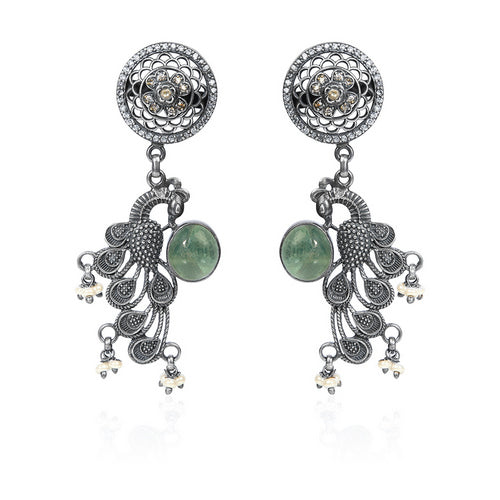 Intricate Oxidized Silver Peacock Earrings with Green Gem and Delicate Accents