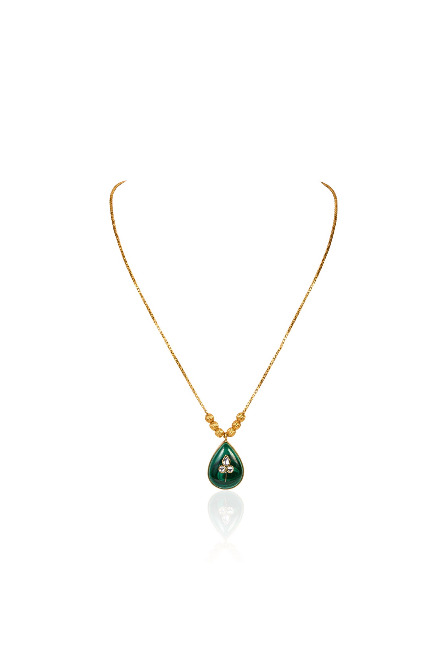 Emerald Green Malachite Pendant Necklace with White Sparkle (Gold Tone)