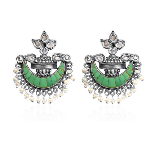 Traditional Indian Oxidized Silver Chandbali Earrings with Green Mosaic and Pearl Details