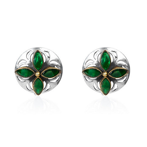 Emerald Bloom Stud Earrings in Oxidised Silver