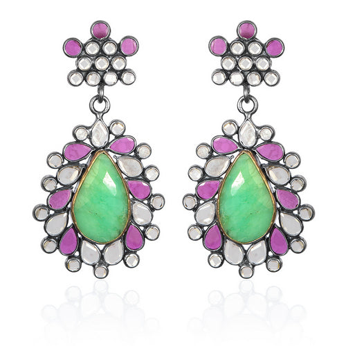 Noor Silver Plated Checker Studded Teardrop Earrings