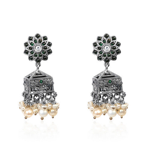 Mystic Lantern Oxidized Jhumkas with Pearly Cascade